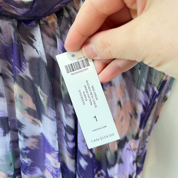 NEW Chico's Ruched Mesh Floral Water Color Paint Print Midi Dress- Sz. 1 - Picture 5 of 9